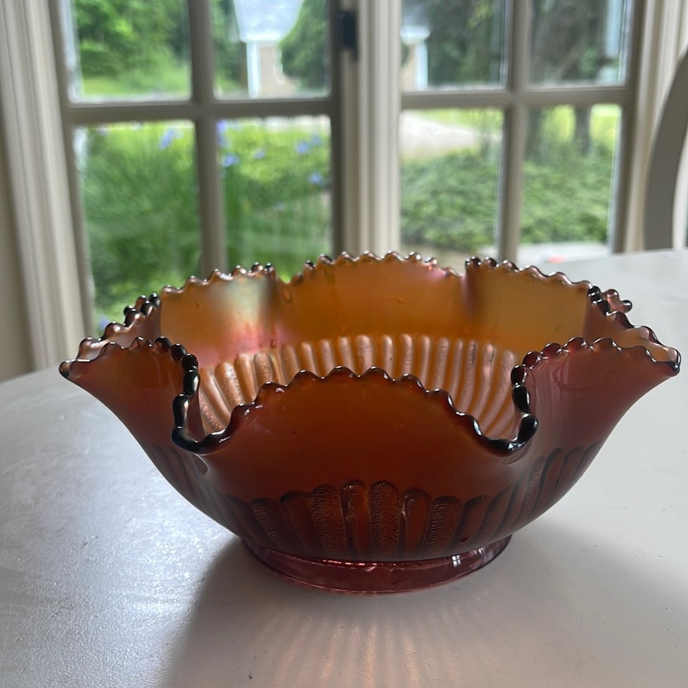 Antique Signed Northwood Stippled Rays Amethyst Carnival Glass Ruffled Bowl